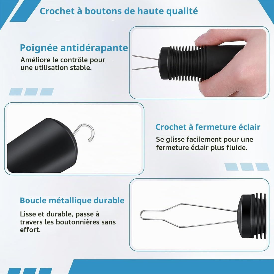 Aide pour Boutons et Enfile-Bouton — Crochet d&rsquo;habillage adapté arthrite et perte de motricité fine