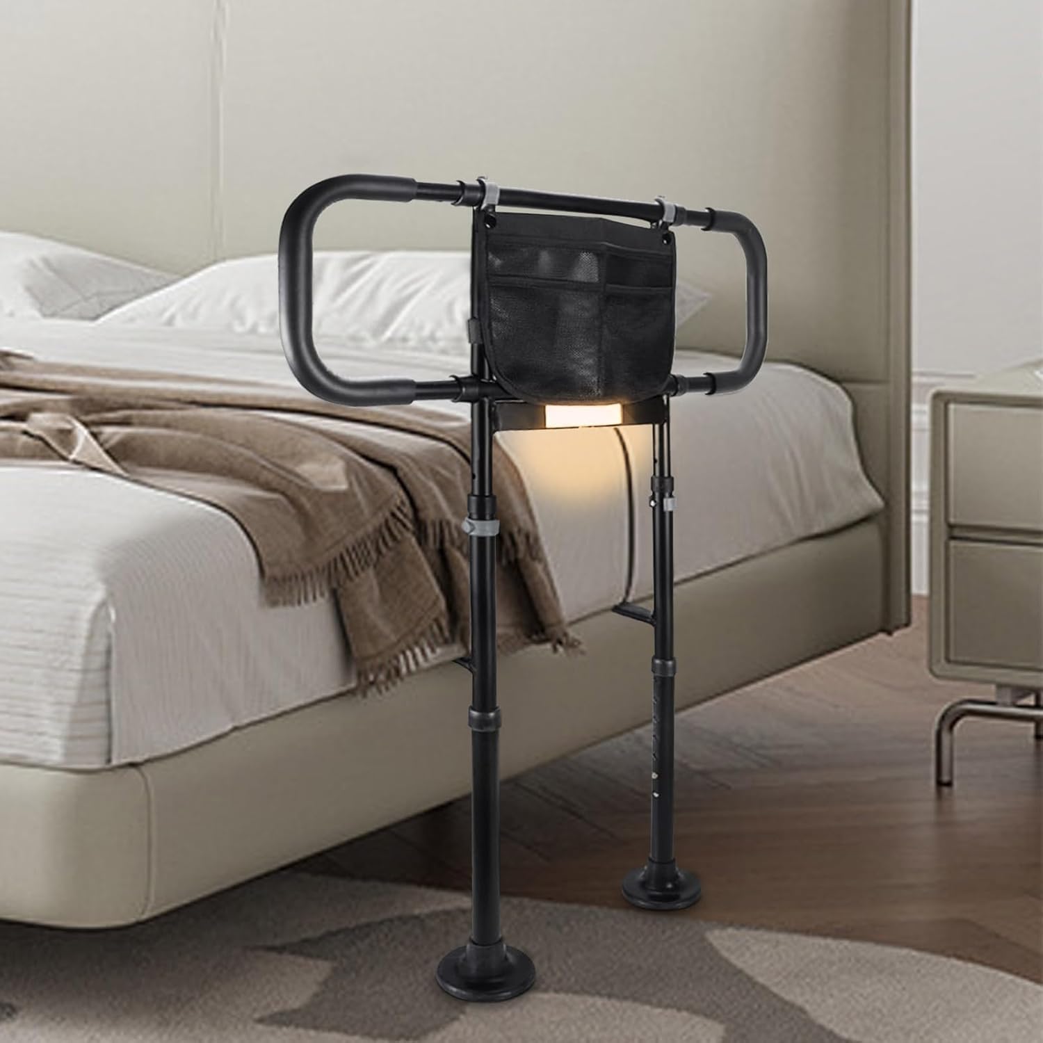 Barre d&rsquo;appui de lit reglable avec eclairage LED – Aide au lever pour seniors et personnes a mobilite reduite