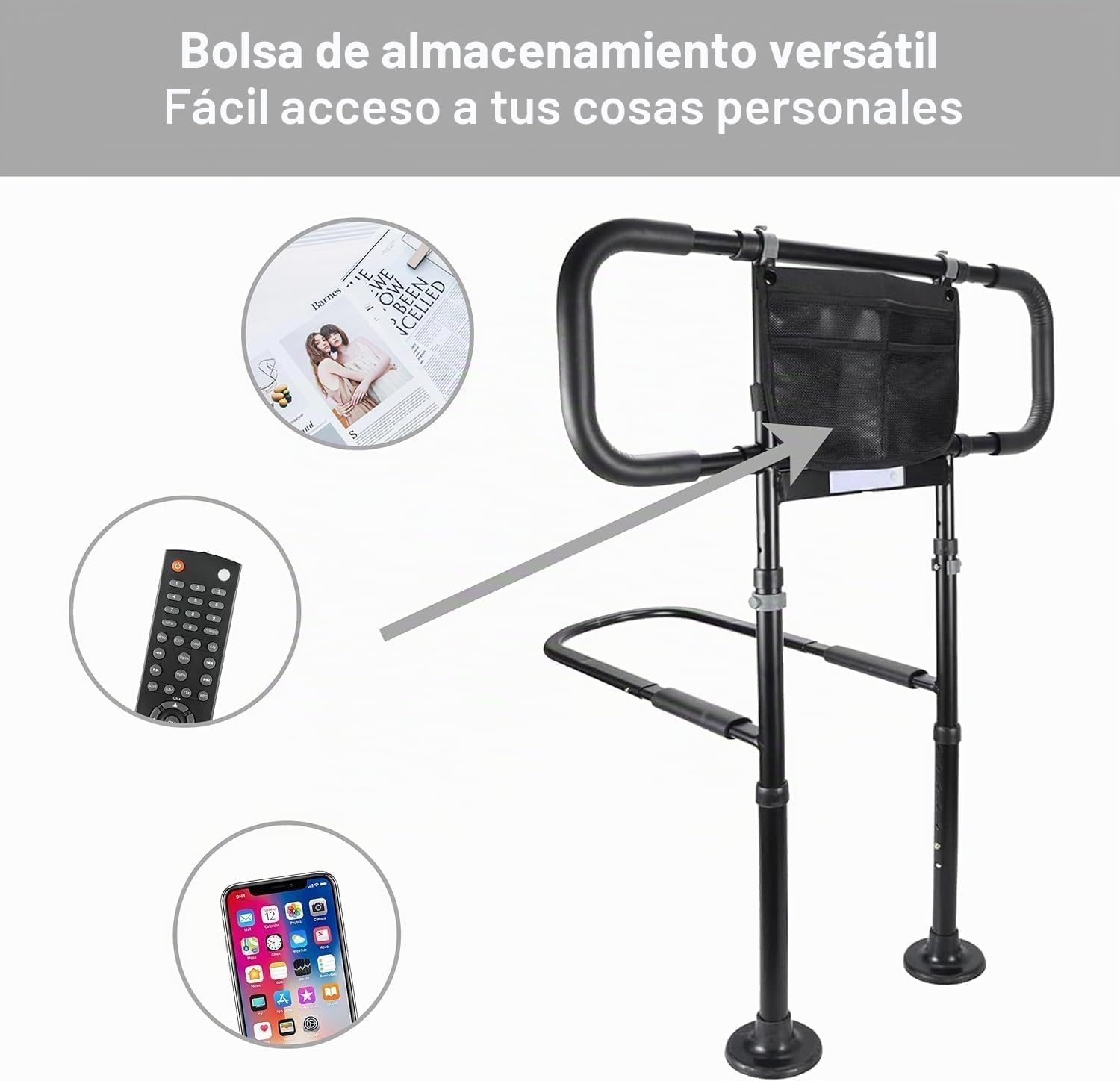 Barre d&rsquo;appui de lit reglable avec eclairage LED – Aide au lever pour seniors et personnes a mobilite reduite