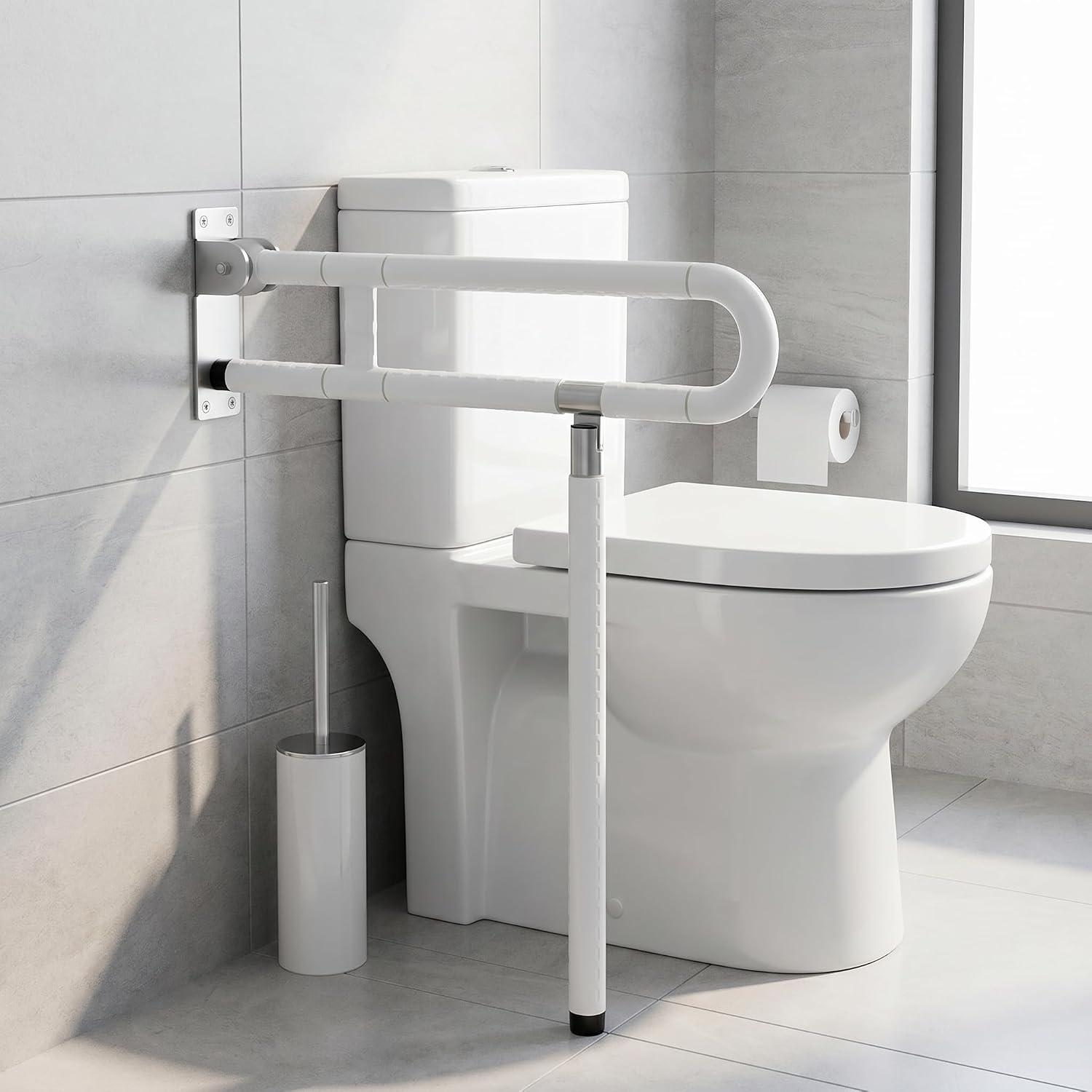 Barre d&rsquo;appui de toilettes pliante avec pied – Support rabattable pour seniors et personnes a mobilite reduite