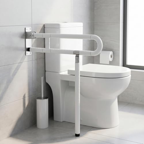 Barre d&rsquo;appui de toilettes pliante avec pied – Support rabattable pour seniors et personnes a mobilite reduite