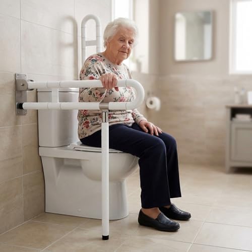 Barre d&rsquo;appui de toilettes pliante avec pied – Support rabattable pour seniors et personnes a mobilite reduite