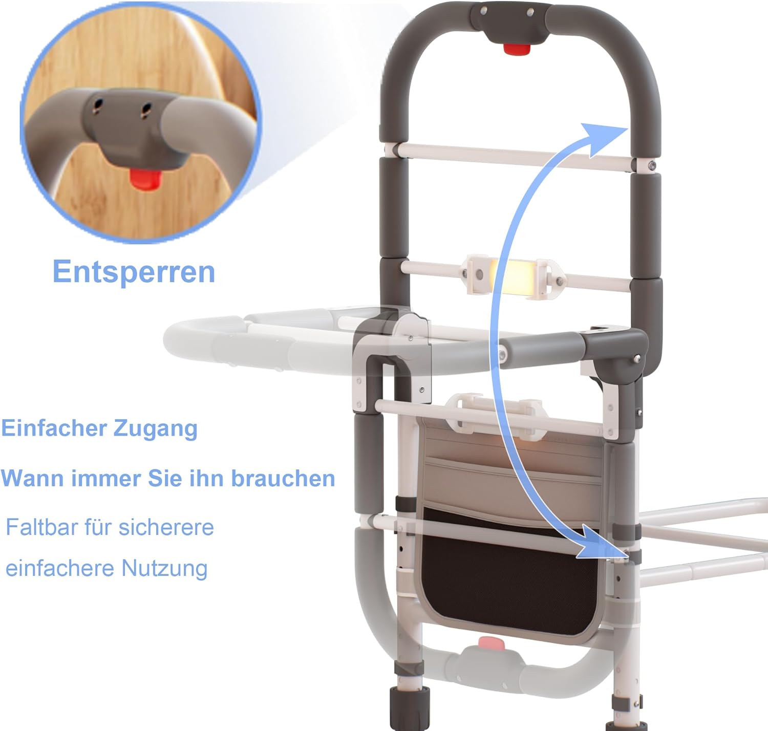 Barriere de lit adulte repliable – Aide au lever avec sac de rangement