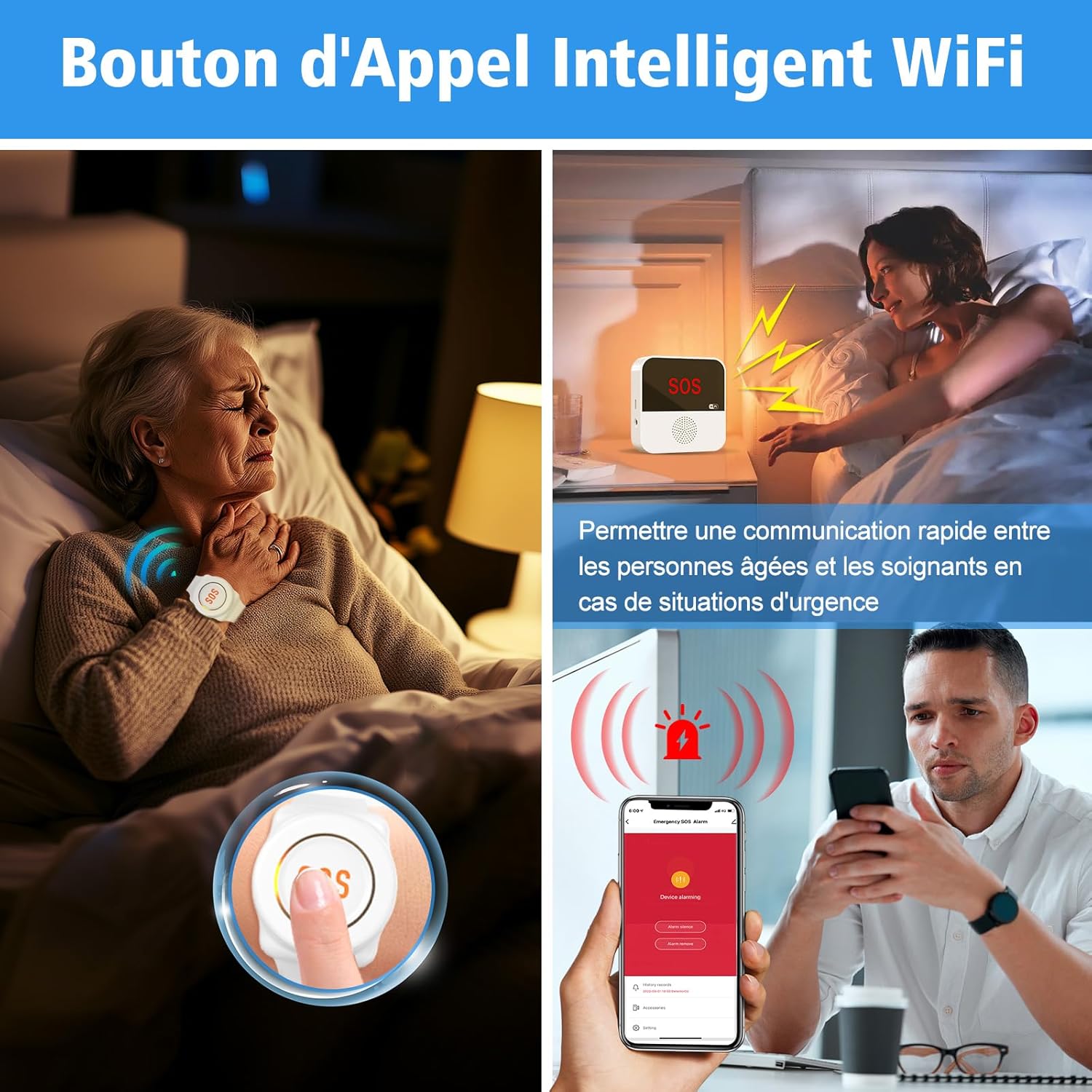Bouton d&rsquo;appel d&rsquo;urgence WiFi pour seniors — Système d&rsquo;alerte connecté avec notifications smartphone