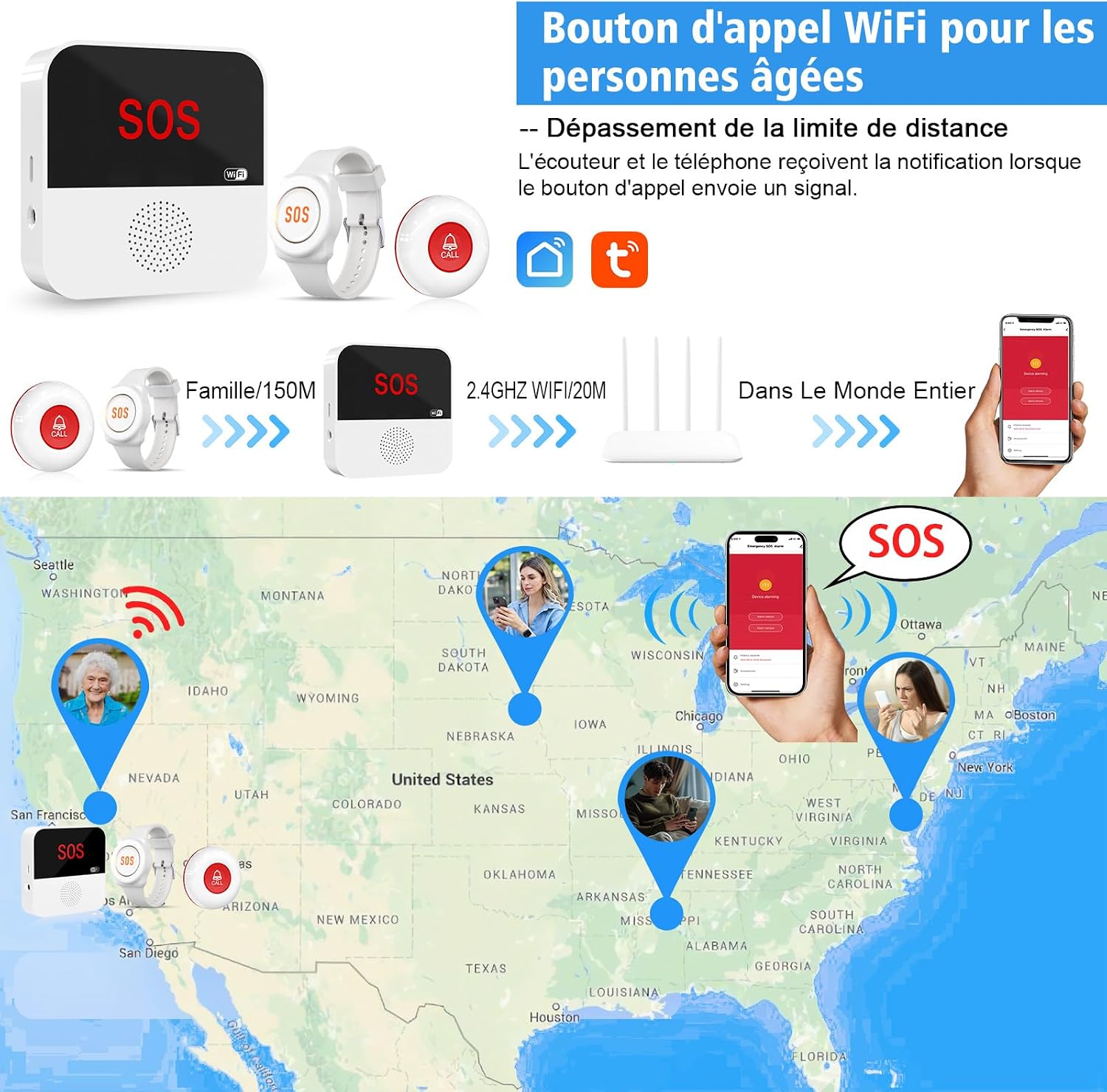 Bouton d&rsquo;appel d&rsquo;urgence WiFi pour seniors — Système d&rsquo;alerte connecté avec notifications smartphone