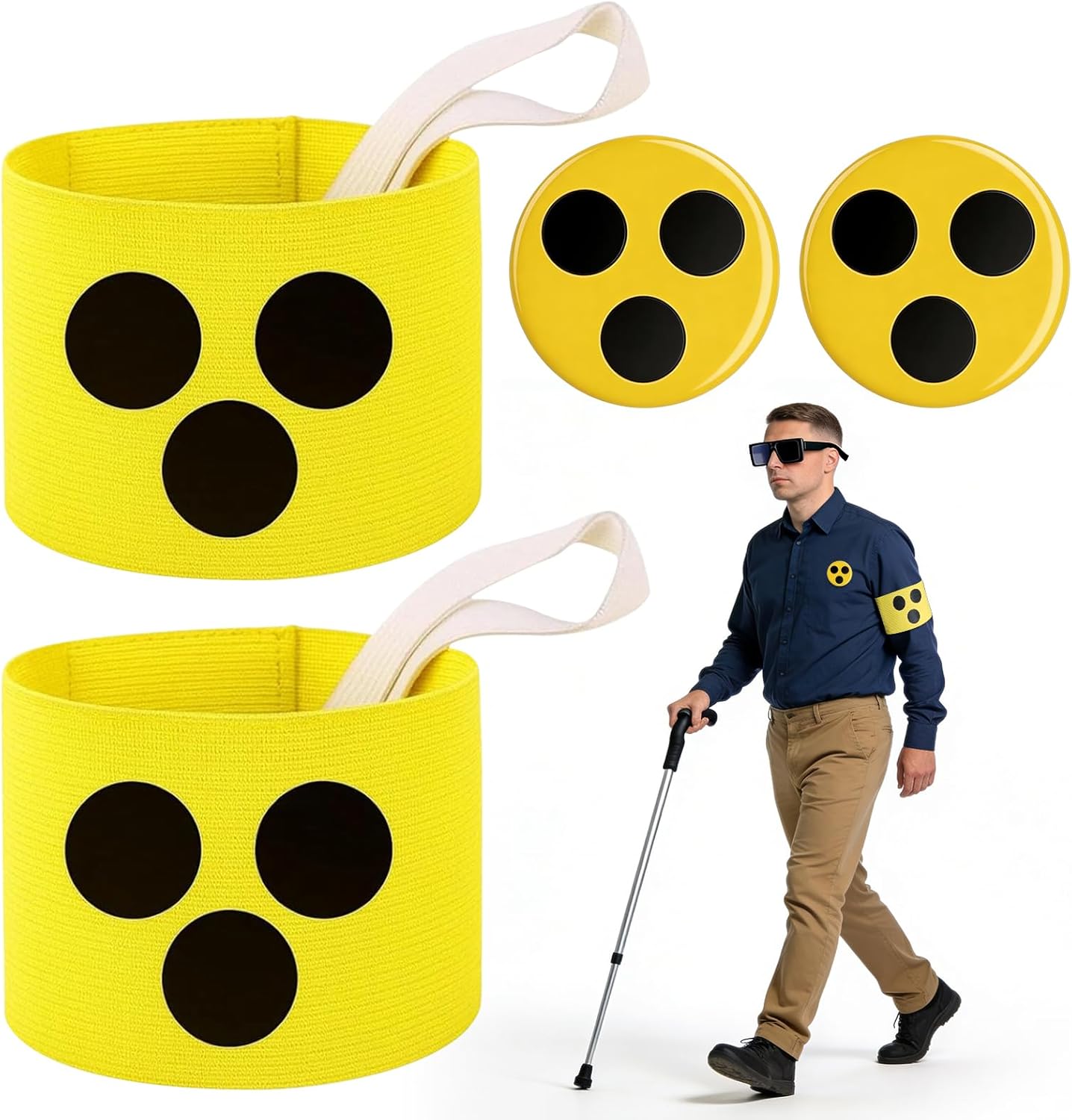 Brassard malvoyant avec insigne — Kit 2 brassards jaunes haute visibilite pour personne deficiente visuelle, securite au quotidien