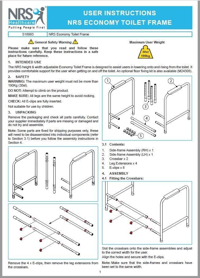 Cadre de toilettes réglable NRS Healthcare – Support 190 kg avec accoudoirs confortables