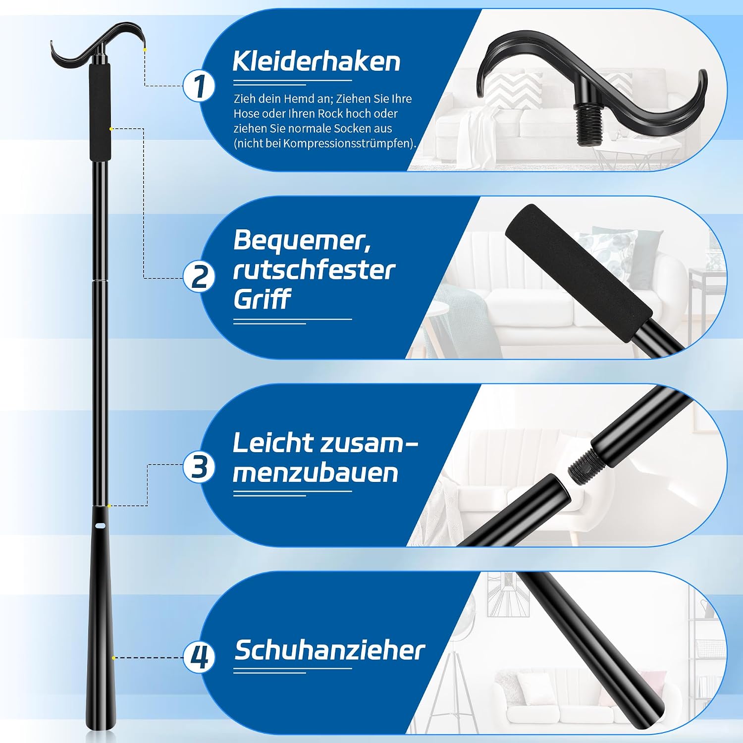 Chausse-pied Extra Long 90 cm 3-en-1 — Aide à l&rsquo;habillage pour seniors, arthrite et mobilité réduite