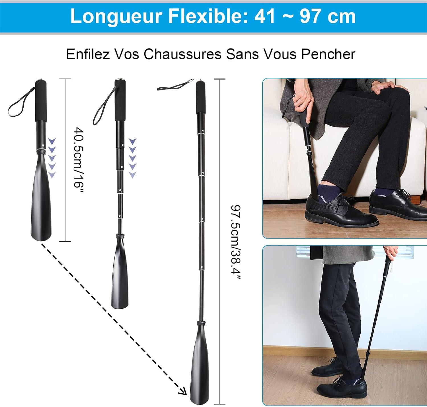 Chausse-pied telescopique 41-97 cm en aluminium — Pour enfiler vos chaussures sans vous pencher