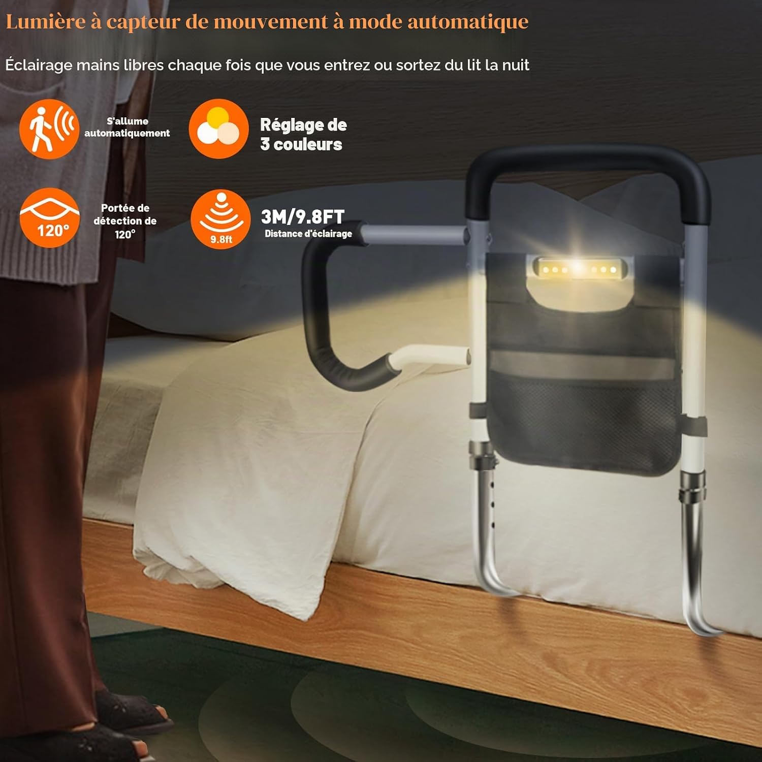 Barriere de lit DePango reglable en hauteur – Acier carbone avec veilleuse pour seniors