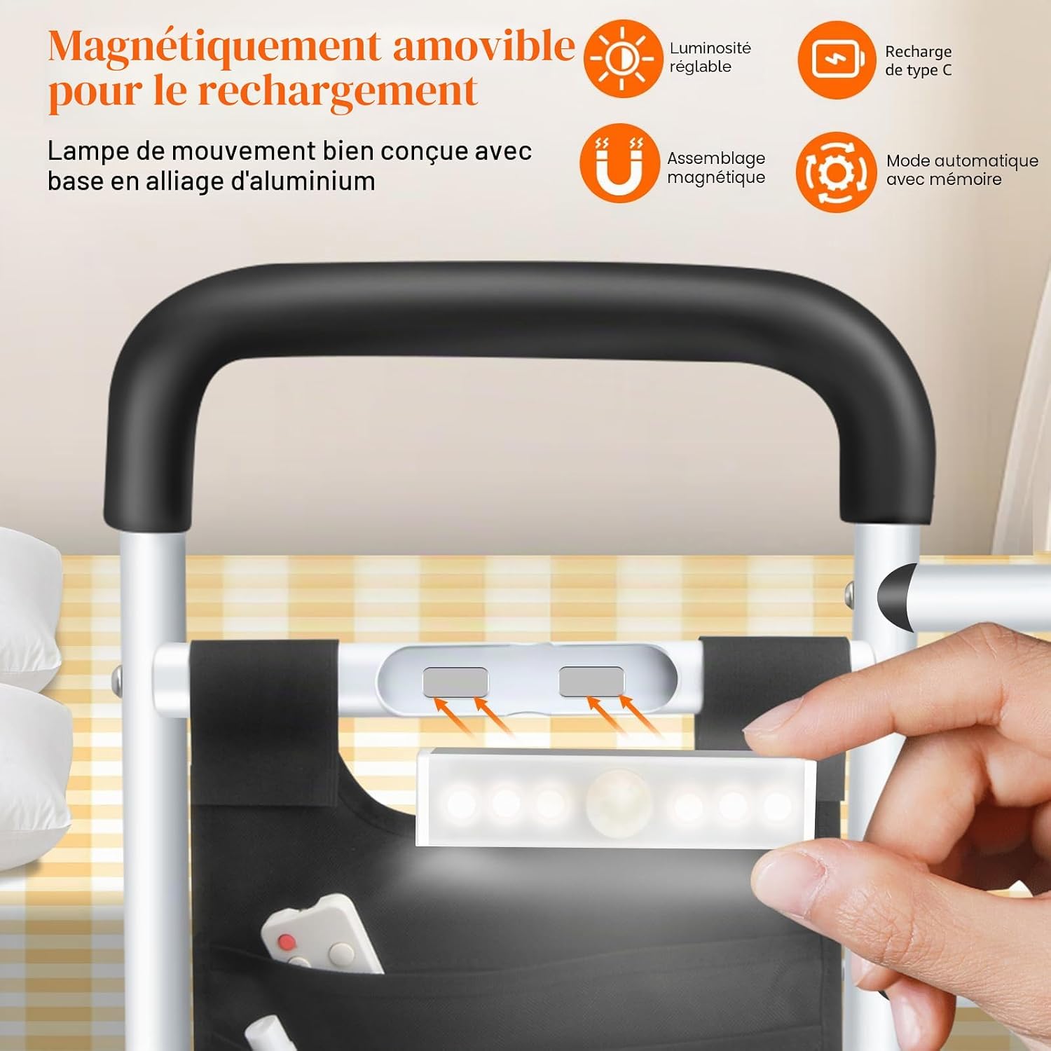 Barriere de lit DePango reglable en hauteur – Acier carbone avec veilleuse pour seniors