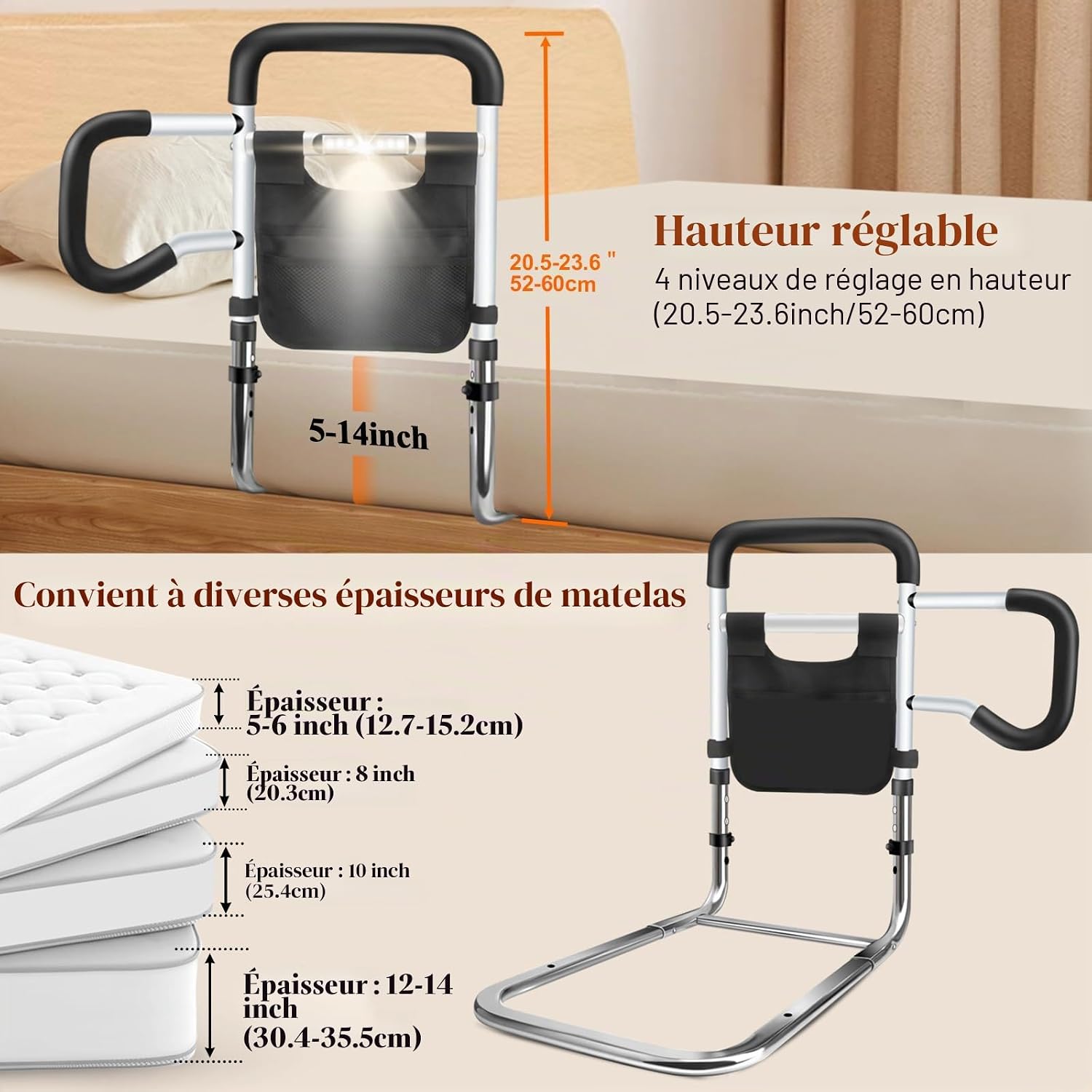 Barriere de lit DePango reglable en hauteur – Acier carbone avec veilleuse pour seniors