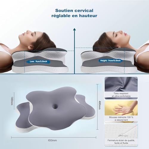 Oreiller cervical ergonomique a memoire de forme – Soulagement des douleurs cervicales