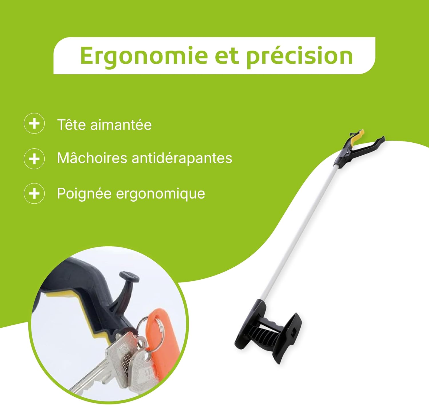 Pince de prehension avec embout aimante 76cm — Outil de ramassage pour seniors et handicapes, machoires souples antiderapantes
