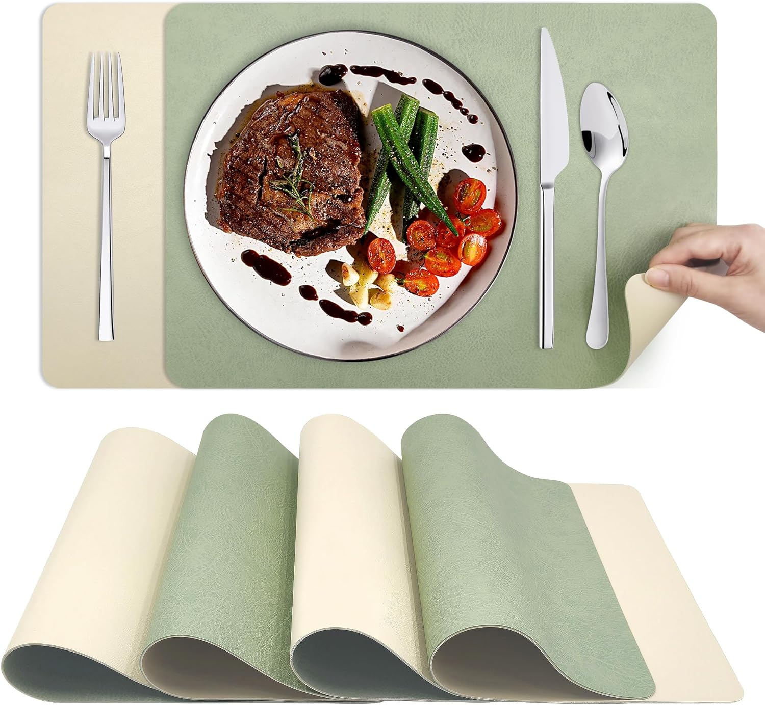 KitchenBoss — Set de table lavable antidérapant double face avec dessous de verre (6 pièces)